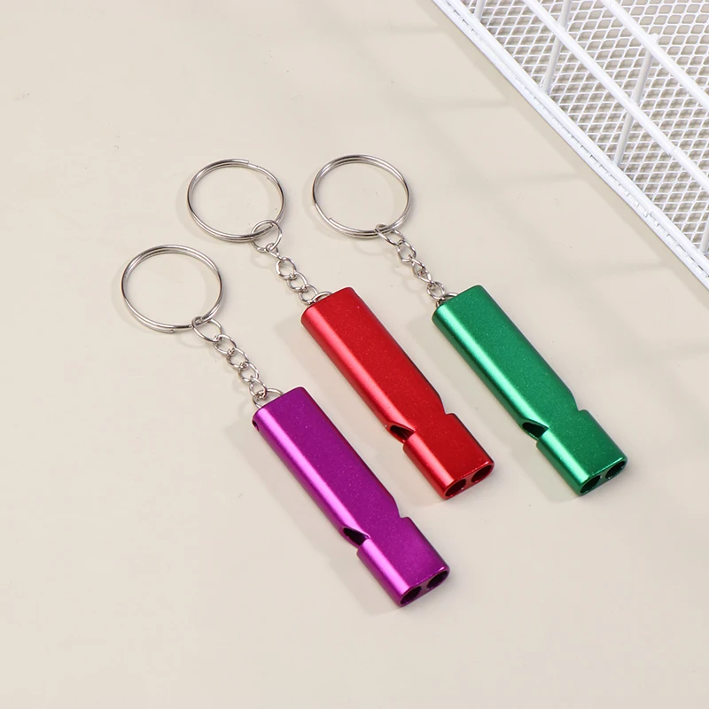 Sifflet de sécurité portable en aluminium, double tuyau, porte-clés, haut décibel, extérieur, camping, multifonction, survie, 2 pièces