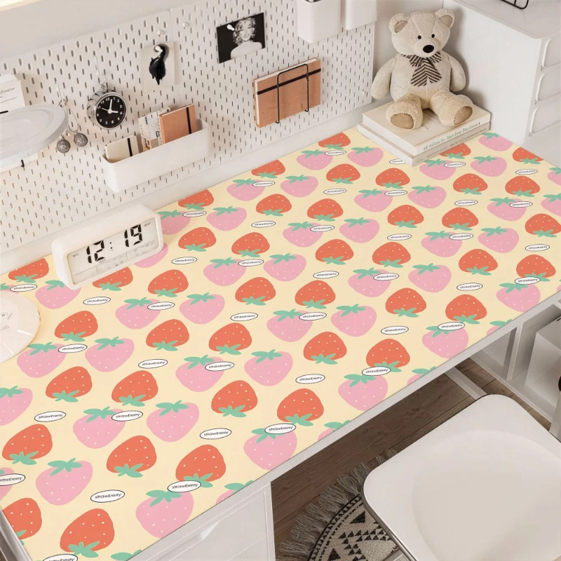 Pink Strawberry Table Mat Waterproof PU Leather Protective Pad For Dormitory Desk Mouse Pad Coffee Dressing Table Protective Pad