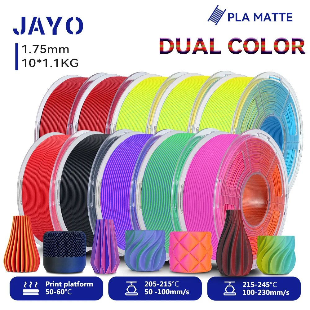 

JAYO 3D Dual Color Matte PLA Printer Filament 1.75mm Neatly Wound PLA Filament with Matte Finish Print For 3D Printer 10 Rolls