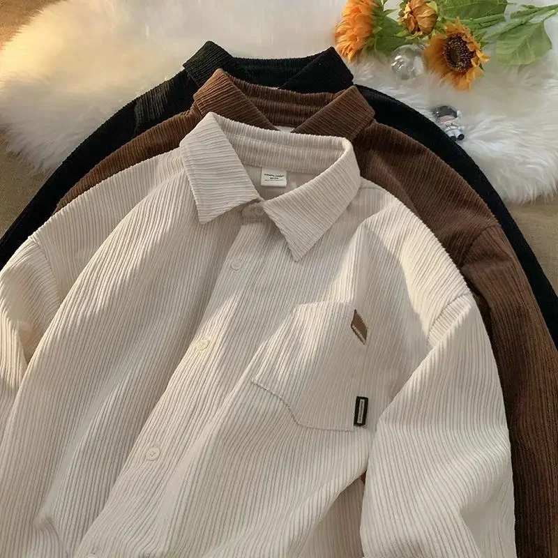 Fashion Men Clothing Long Sleeve Corduroy Polo Shirts for Men Vintage Autumn and Winter Loose Harajuku Casual Shirt Coat