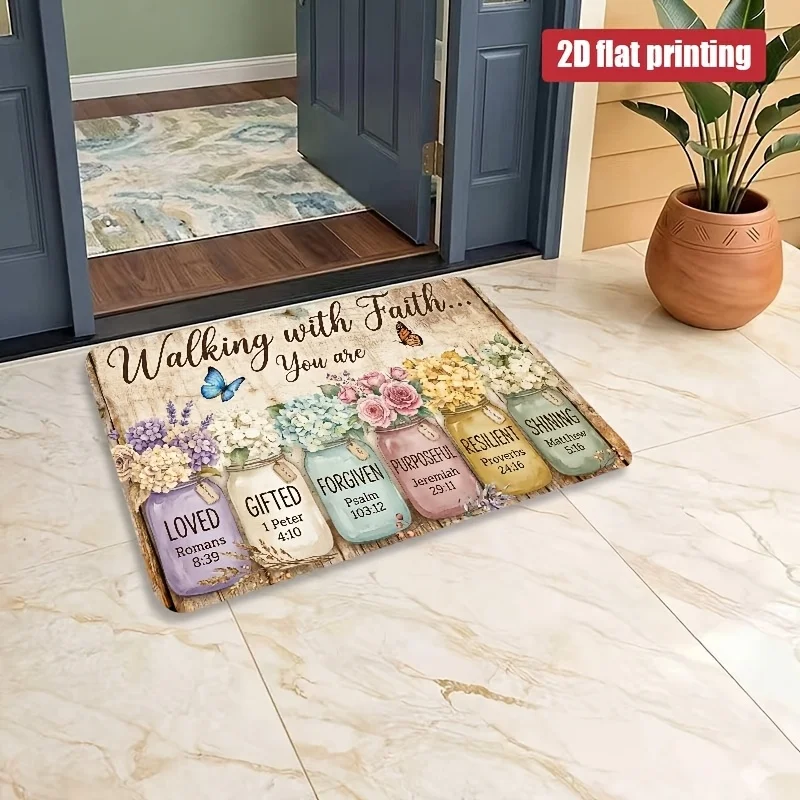 Walking with Faith Christian Doormat Vintage Mason Jar Floral Bible Verse Butterfly Print Non Slip Washable Front  Floor Rug
