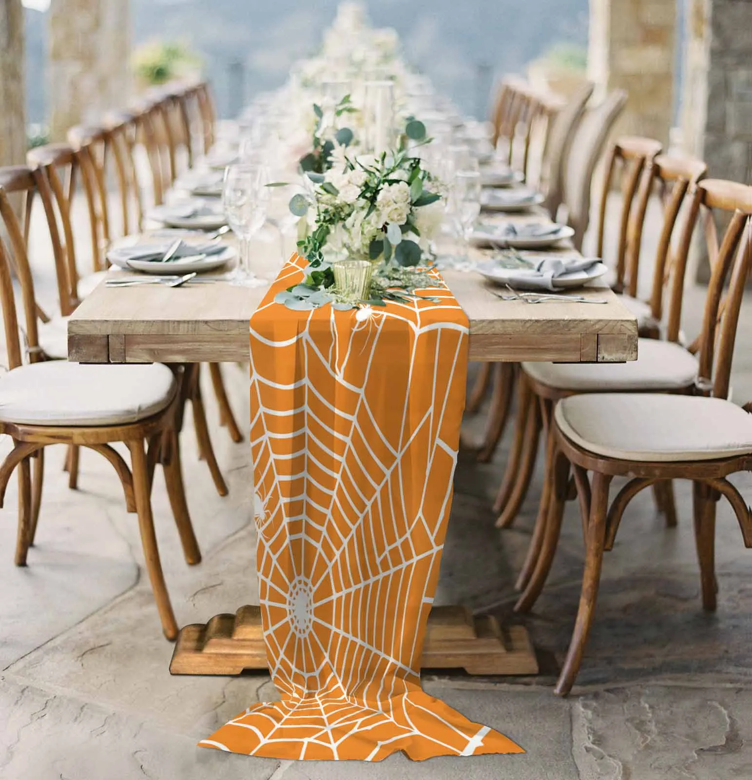 

Halloween Decor Orange Web Sheer Chiffon Table Runner Wedding Party Birthday Tulle Voile Tablecloth