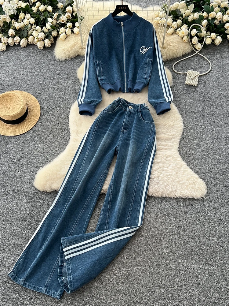 

Casual Stripe Color Blo Long Sve Denim Jaet High Waist Wide Leg Pants Two Piece Set Women's Faion Autumn Outfit