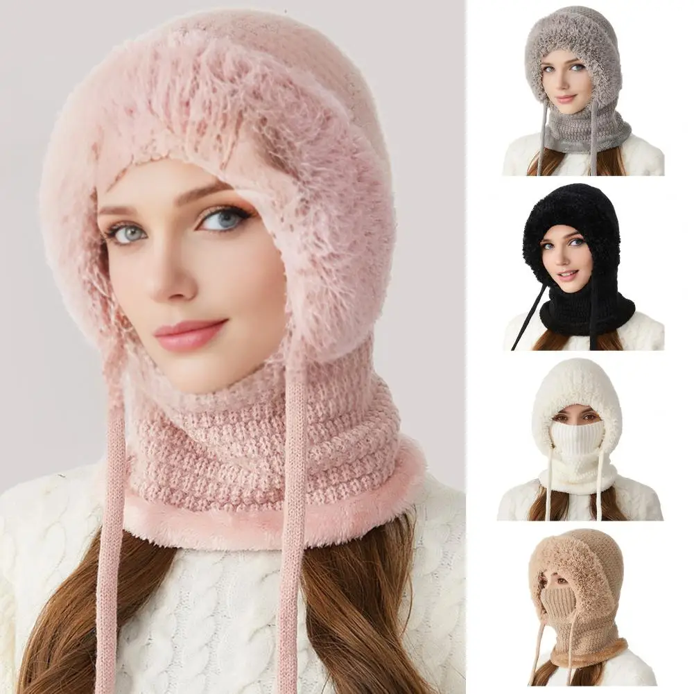 

Морозостойкая шапка с капюшоном, мягкая зимняя шапка, зимняя ветрозащитная вязаная шапка, шарф, комплект с защитой лица для женщин, мягкий плюшевый капюшон
