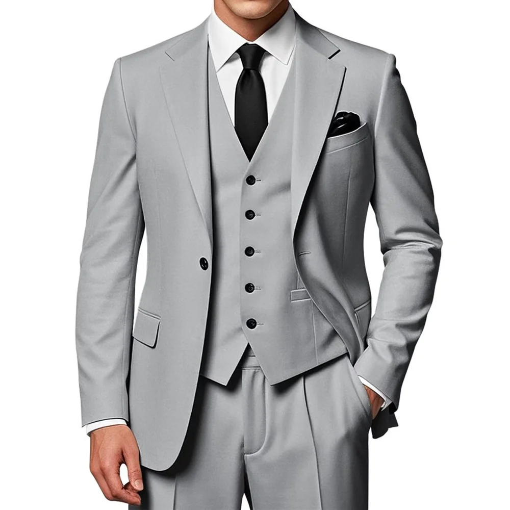 

Grey Elegant Men's Suit Set 3 Piecs Blazer Pants Vest Single Breasted One Button Wedding Groom Clothing Formal Business Suits
