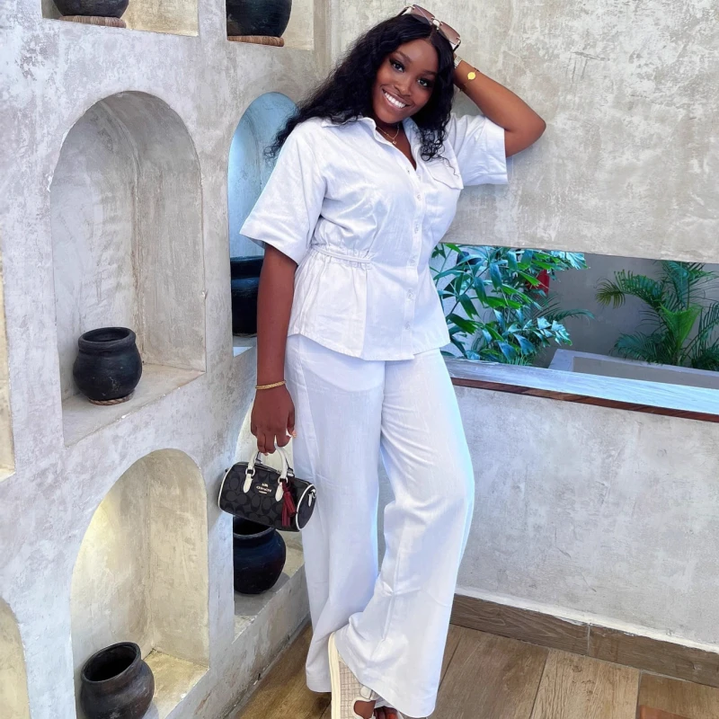 New African Fashion Women Two Piece Set Turn Down Collar Short Sleeve Slim Waist Shirt Top and Pants Set Streetwear