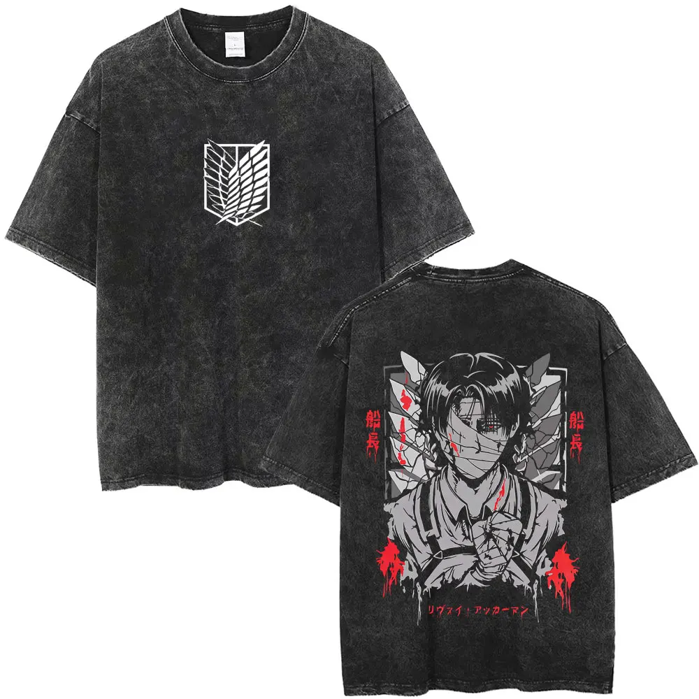

Washed Vintage Anime Attack on Titan Levi Ackerman Face Graphic T-shirt Men Cartoon Manga Merch T-shirts Men's Oversized T Shirt
