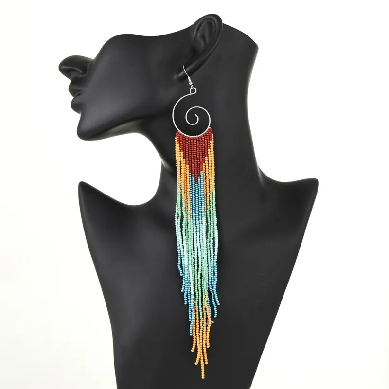 Rice bead earrings Spiral Originality Bohemia Tassel Chroma Hand knitting Alloy Female Fashion Simple Beaded earrings