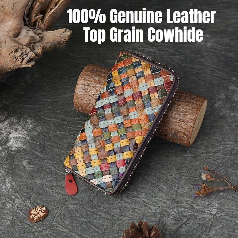 Echtes Leder-Portemonnaie für Damen, Geflochtene Lange Clutch-Geldbörse mit Großer Kapazität, Mehreren Kartenfächern, Geldscheinfach & Handyfach