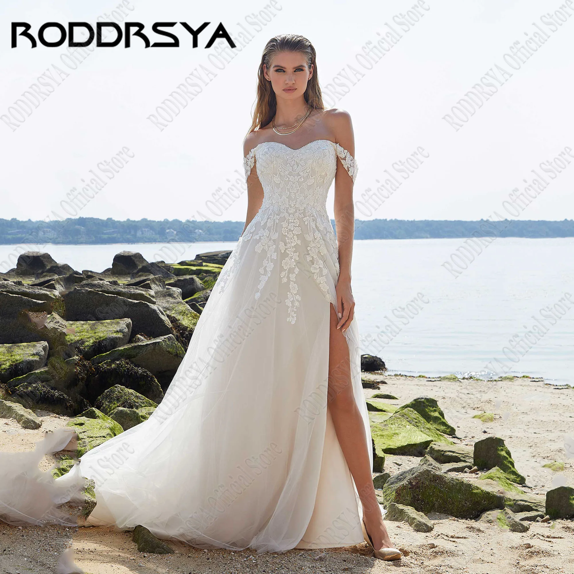 

RODDRSYA Backless Beach Wedding Dress 2024 Bride Off Shoulder A-Line Sweetheart Vestidos De Novia Luxury Side Split Applique