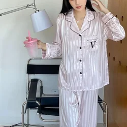 Women Loose Nightwear pink Striped 2Pcs Shirt&pants Luxury Ice Silk Pajamas Suit Long Sleeve Homewear for Female Loungewear