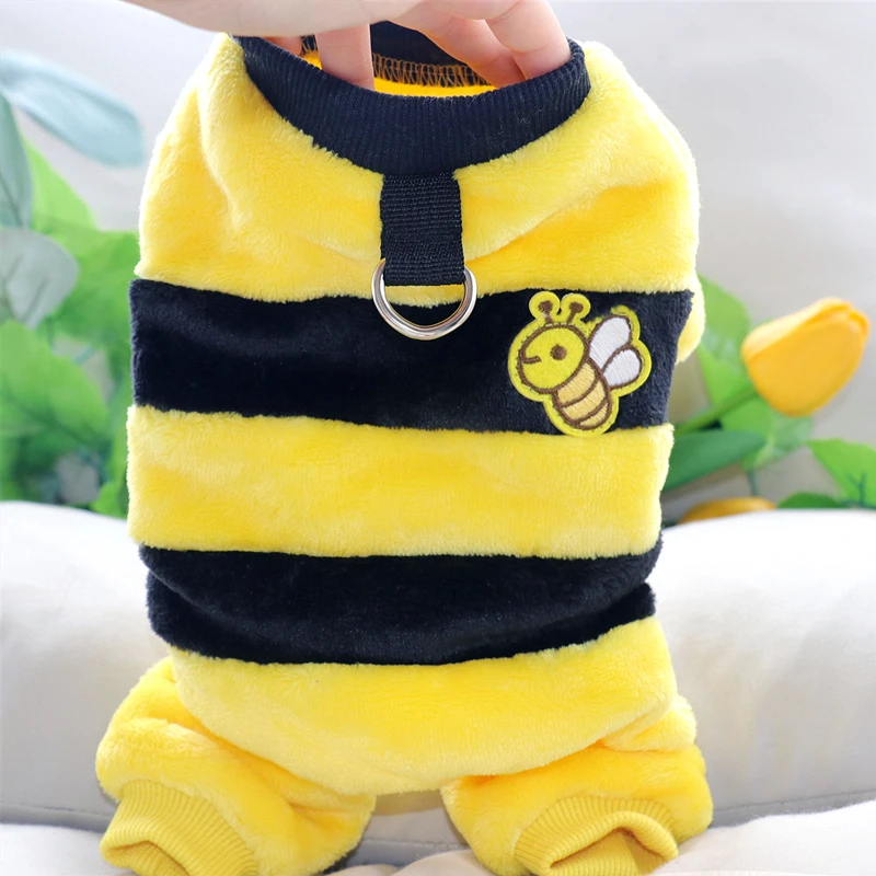 Cute Bee Dog Clothes Pet Four Legged Clothes Teddy Winter Clothes Bichon Yorkshire Striped Bodysuit Maltese Pullover