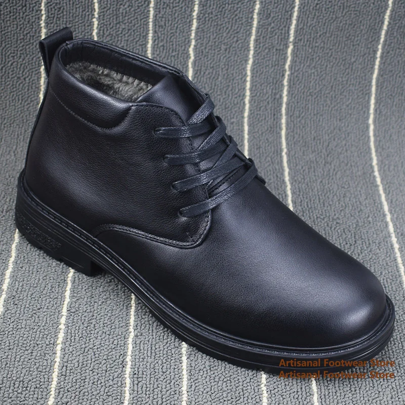 Black Leather Men's Winter Cotton Shoes Thick Velvet High Top Cotton Shoes Cowhide Soft Sole Soft Leather Round Toe Men's Shoes
