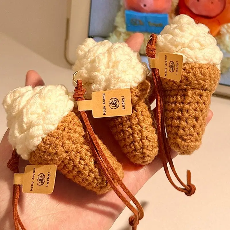 

Hand-Knitted Ice Cream Charm，Cute Plush Car Keychain & Bag Decor，Plush Woven Bag Accent， Knitted Trinket