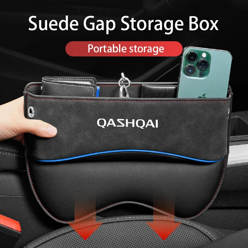 Suede Leather Car Seat Side Gap Storage Pocket Gap Filler Organizer Box with logo For Nissan QASHQAI j10 j11 j12 car Accessories