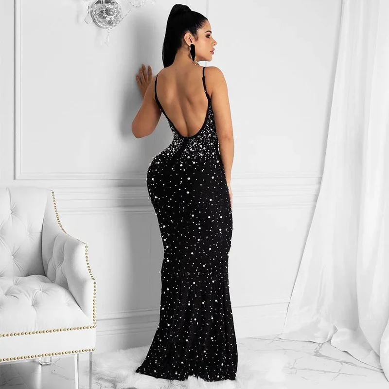 KEXU Crystal Rhinestone Pearls Mermaid Maxi Women Dress Wedding Evening Backless Birthday Dress Party Night Club Long Dresses