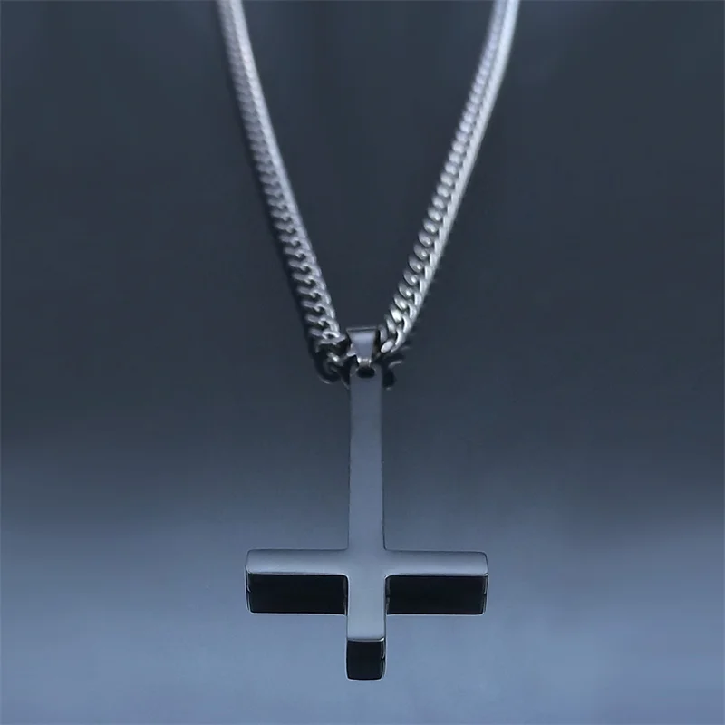 Stainless Steel Gothic Upside Down Cross Necklace Man Black Punk Inverted Cross Men Chains Goth Jewelry collar hombre N8006