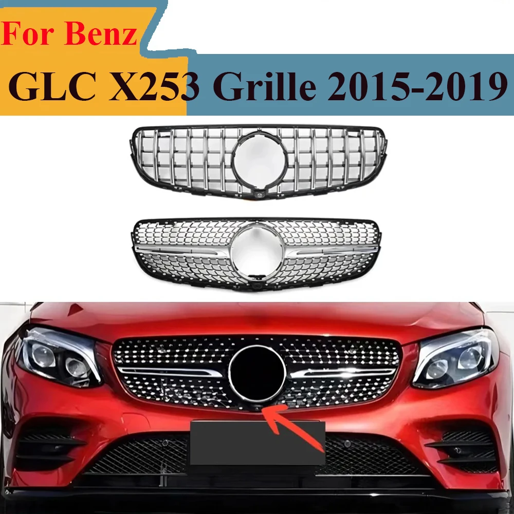 

For Mercedes GLC X253 2015-2019 Front Grill Diamond GT Style Gloss Black ABS Sport Mesh Grille GLC250 GLC300 GLC350 GLC43