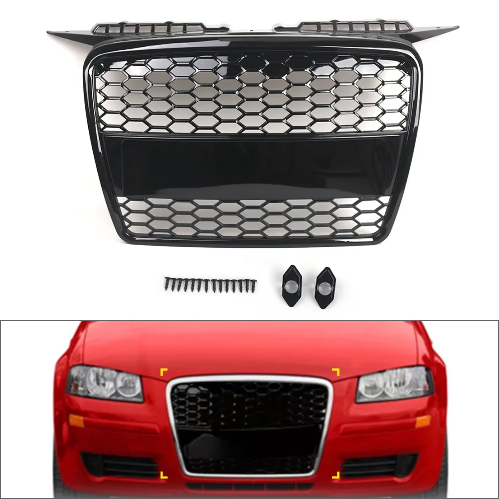 8P4853651A Mesh Grill Front Bumper Radiator Grille 1Pc For Audi A3 8P 04-08 ABS Plastic Glossy Black