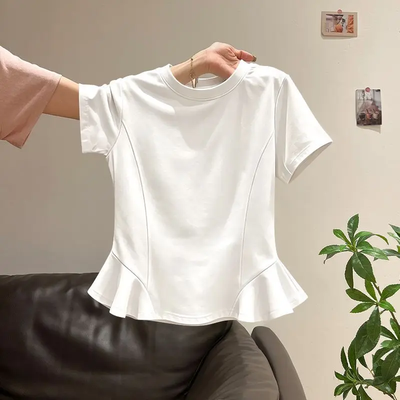 Summer Women's Short Sleeved T-shirt Girl Solid Color Casual Clothing Korean Version Slim Fit Fashionable Round Neck Ruffled Top