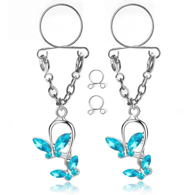 1 Paar sexy Quasten-Kristall-Schmetterlings-Anhänger, gefälschter Nippelring für Frauen und Mädchen, verstellbarer künstlicher Nippel-Piercing-Körperschmuck