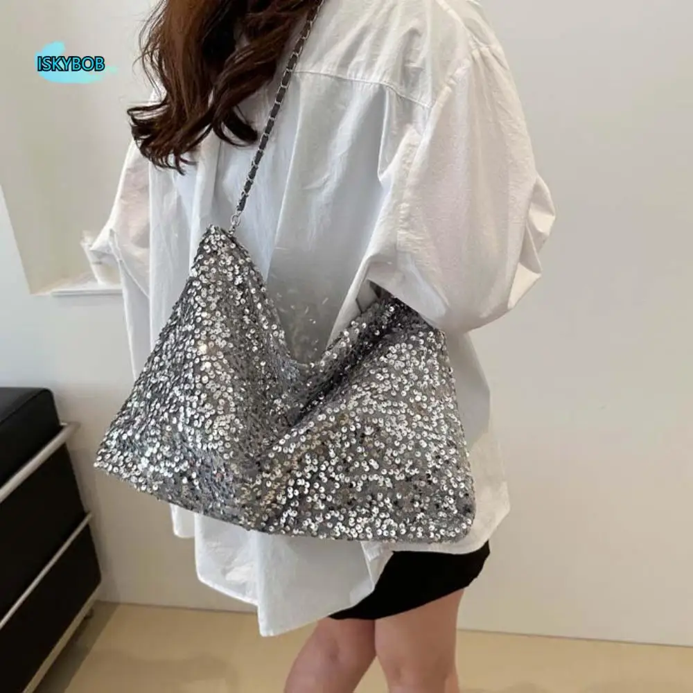 

Elegant Sequins Crossbody Bag Y2K Sweet Large Capacity Chain Bag Polyester Solid Color Shiny Shoulder Pouch Work