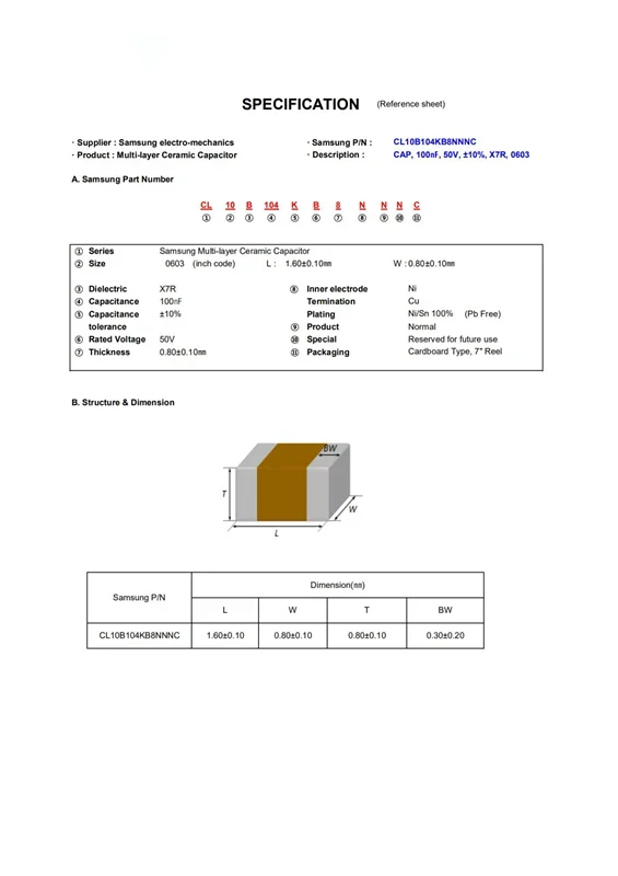 4000PCS/LOT 0603/1608 104K 100NF 0.1UF 10% 50V X7R SMD ceramic capacitor MLCC CL10B104KB8NNNC New and original