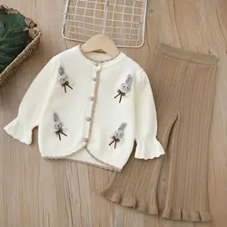 Girls Woolen Jersey Clothes Sets Spring Autumn 2026 Children Knitted Sweaters Coats Flared Pants 2pcs Party Suit For Baby Outfit
