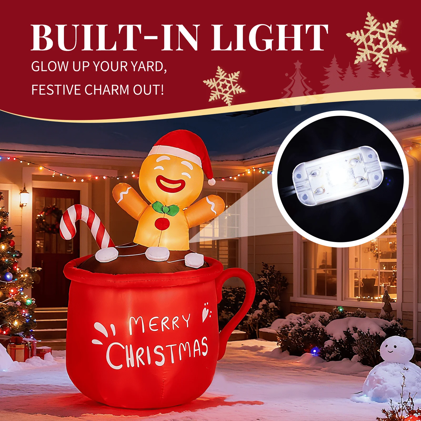 6.5FT Lighted Christmas Inflatable Decoration, Gingerbread Man in Cup, Funny Blow Up Yard with Built- LED for Holiday Party