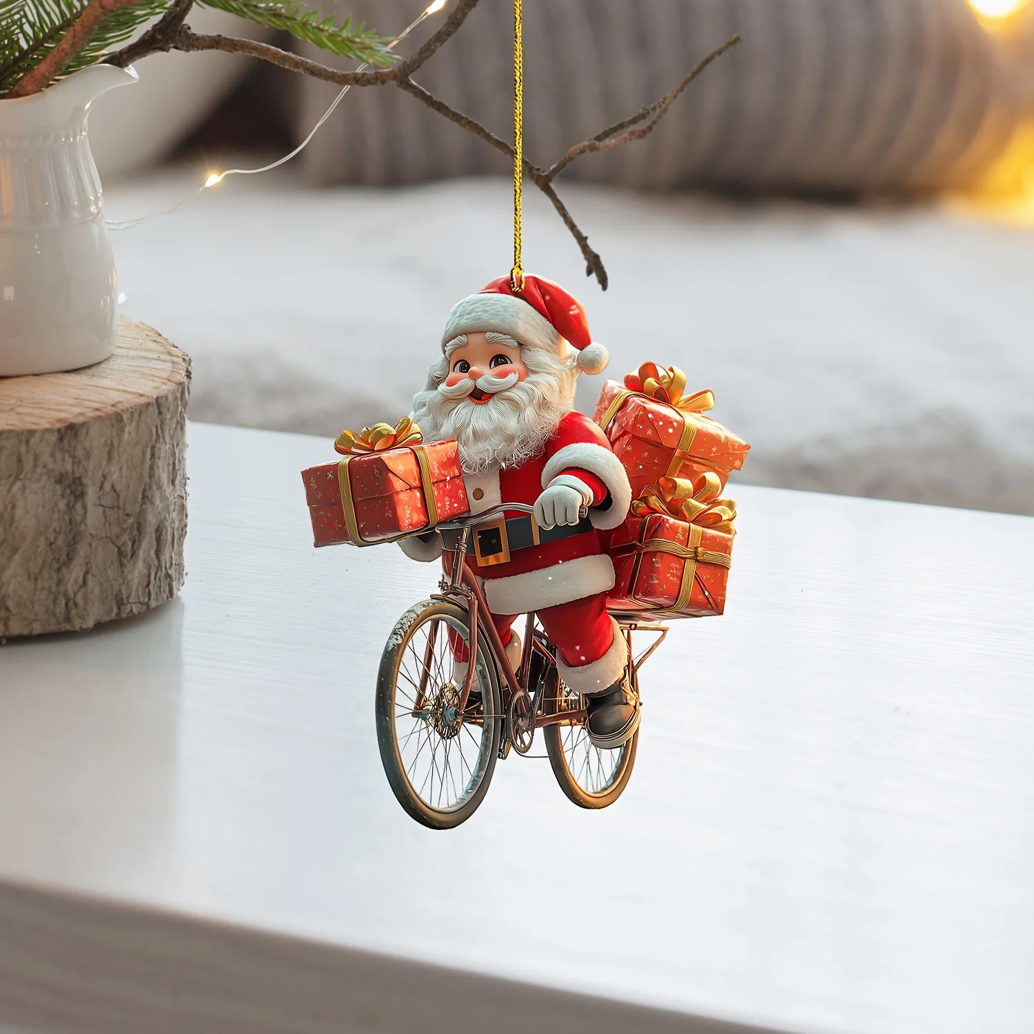 Santa Claus bicycle ornament, art style acrylic decoration, holiday themed pendant, suitable for cars, keychains