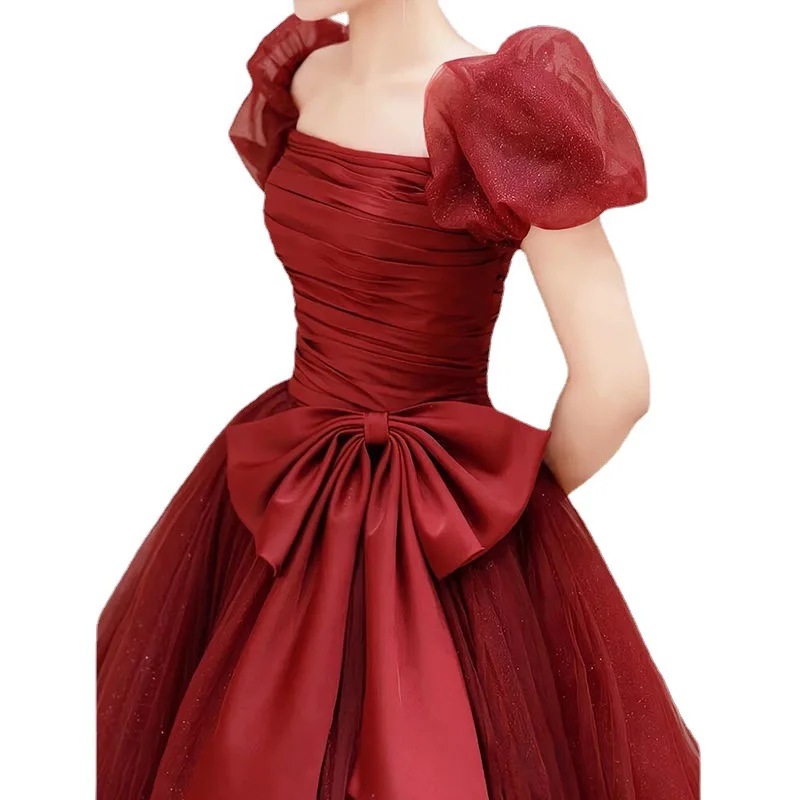 Burgundy Off Shoulder Prom Dresses Elegant Pleated Bowknot Princess Dress Vestidos Women Formal Floor-Length Evening Gowns