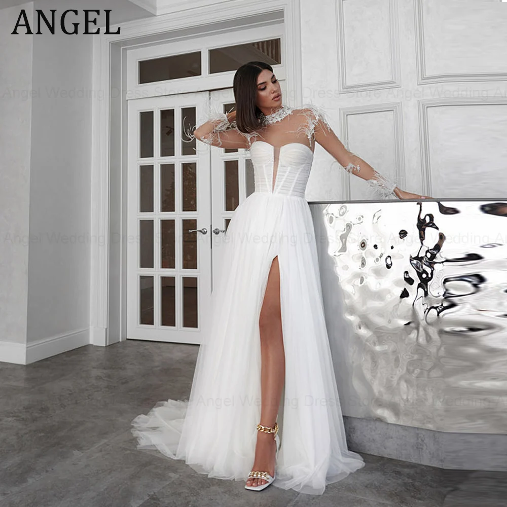 

ANGEL A-Line High Neck Illusion Wedding Dresses for Women Bridal Dresses 2024 Sequin Feathers Lace up Tulle Vestidos Novias Boda