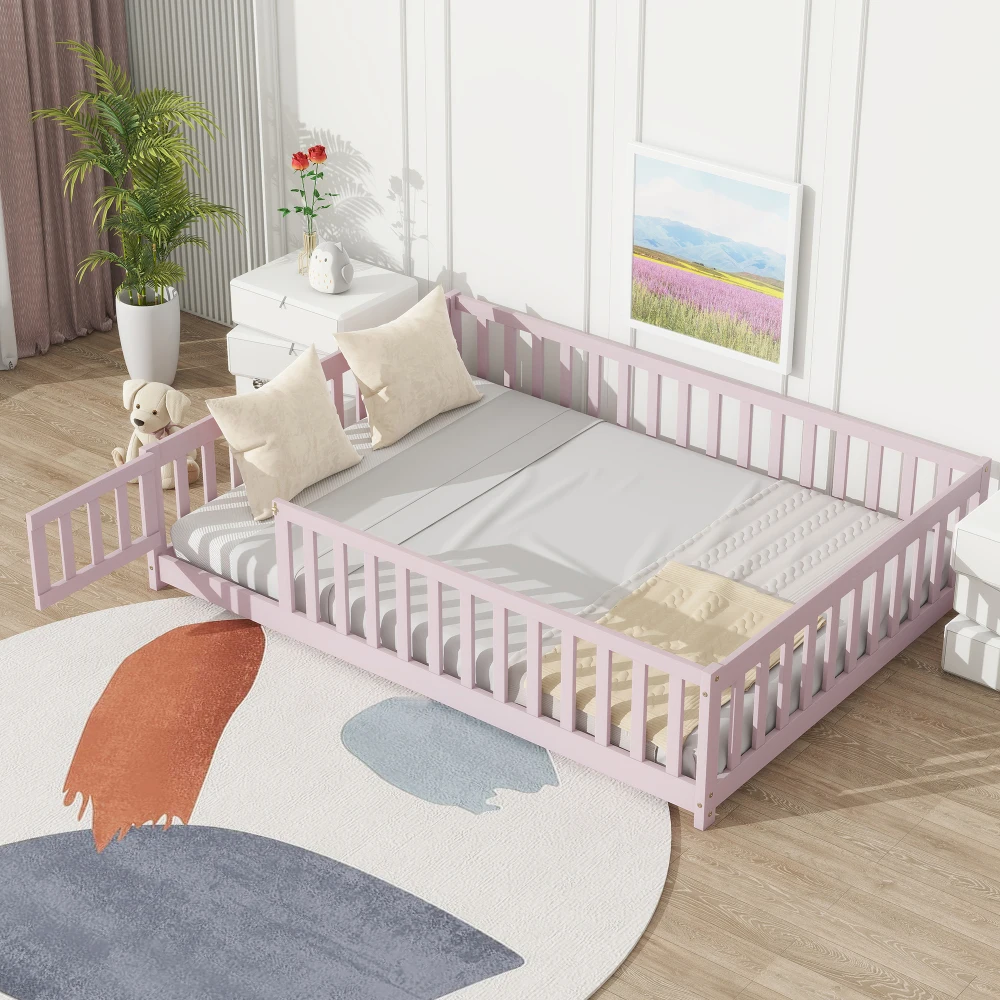 

Full Size Floor Bed with Fence and Door,Rubber Wood Floor Bed with Safety Guardrails,Pink