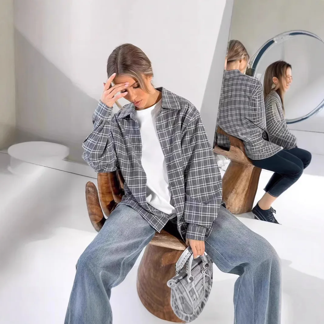 Chic Street Style Gray Plaid Shirts Elegant Women Long Sleeve Vintage Oversize Blouses Tops Spring Female Checked