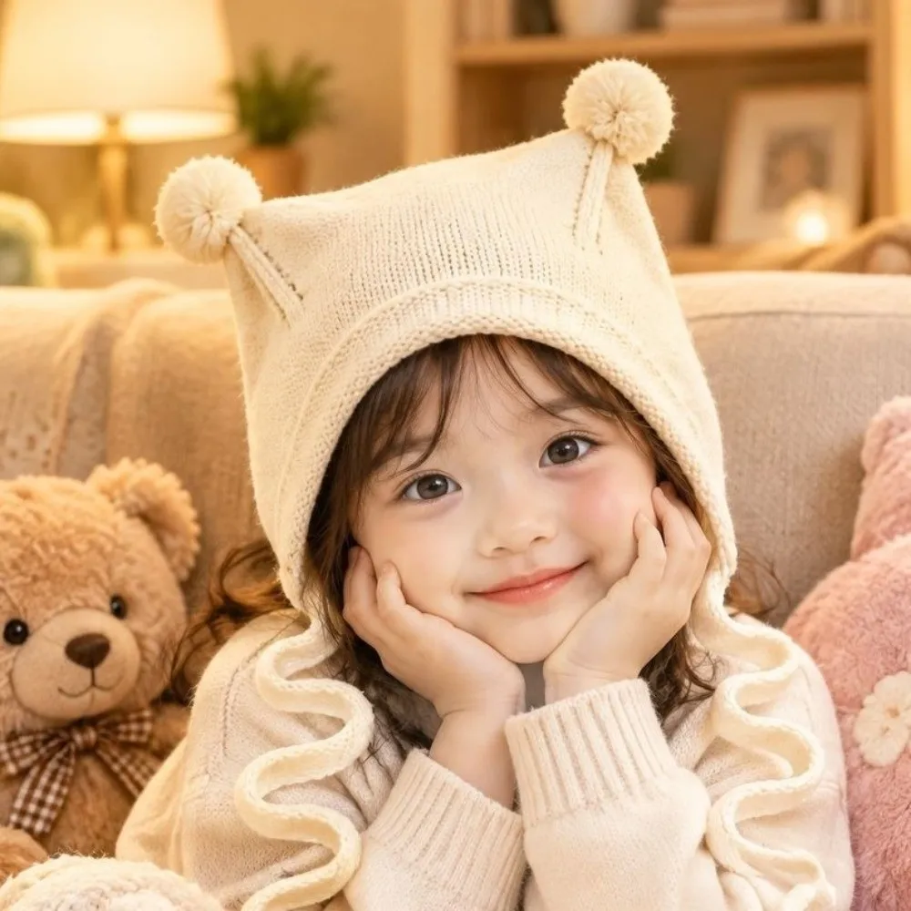 Soft Windproof Kids Knitted Hat Korean Style Double Ball Beanie cap Solid Color Toddler Lacing Cap Autumn