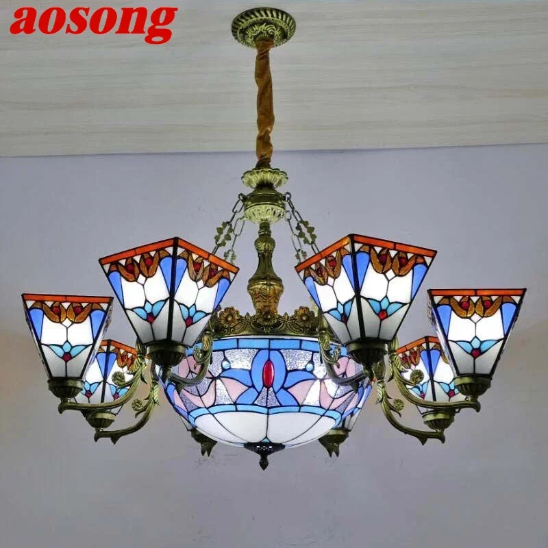 AOSONG Tiffany European Living Room Pendant Lamp American Chandelier Bedroom Restaurant Bar Caf é Colour Glass Chandelier