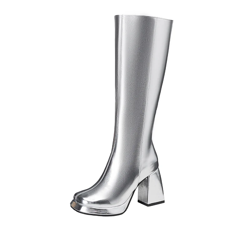 

Sparkly Gold Silver Knee High Boots for Women Party Dance Shoes High Heels Platform Booties Size Zipper Walkwear