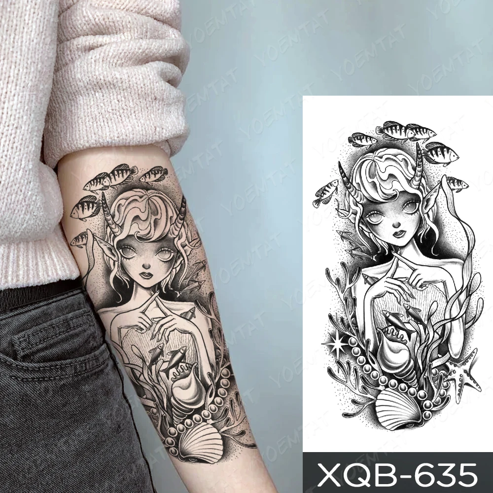 Waterproof Temporary Tattoo Sticker Cartoon Satan Girl Mermaid Pearly Shells Sea Flash Tattoos Arm Women Fake Tatoo Body Art Men