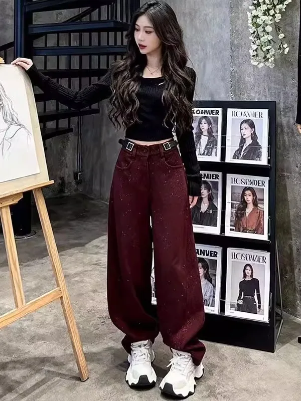 

Женские утепленные брюки свободного кроя больших размеров, осенне-зимняя коллекция 2025, корейская версия, утягивающие, теплые, с широкими штанинами, маленькие размеры