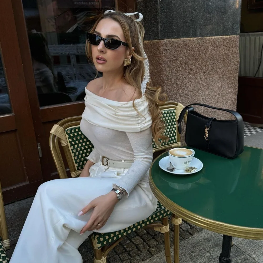 PB&ZA 2024 Spring New Women\'s Fashion and Versatile Metal Off Shoulder One Line Neck Knitwear