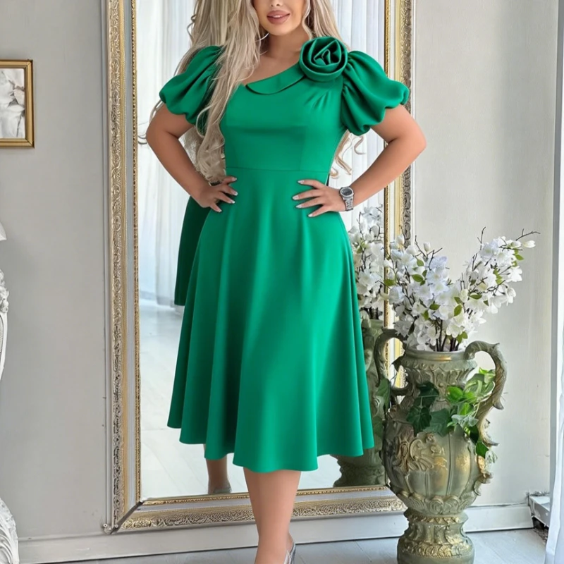 

Женское элегантное платье миди трапециевидной формы с косым воротником и короткими пышными рукавами, плиссированное с 3D цветами, стильный ужин, свидание, вечерние, свадьбы, офисный наряд