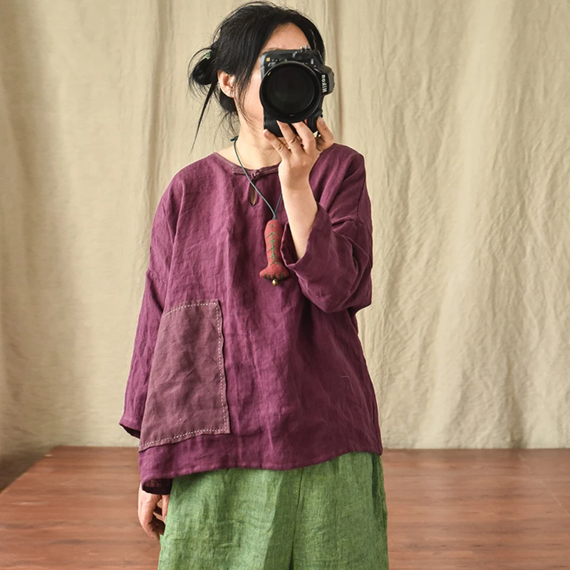 Oversized Women Long Sleeve Casual T-shirts New 2025 Spring Vintage Style O-neck Solid Color Female Cotton Linen Tops Tees M419