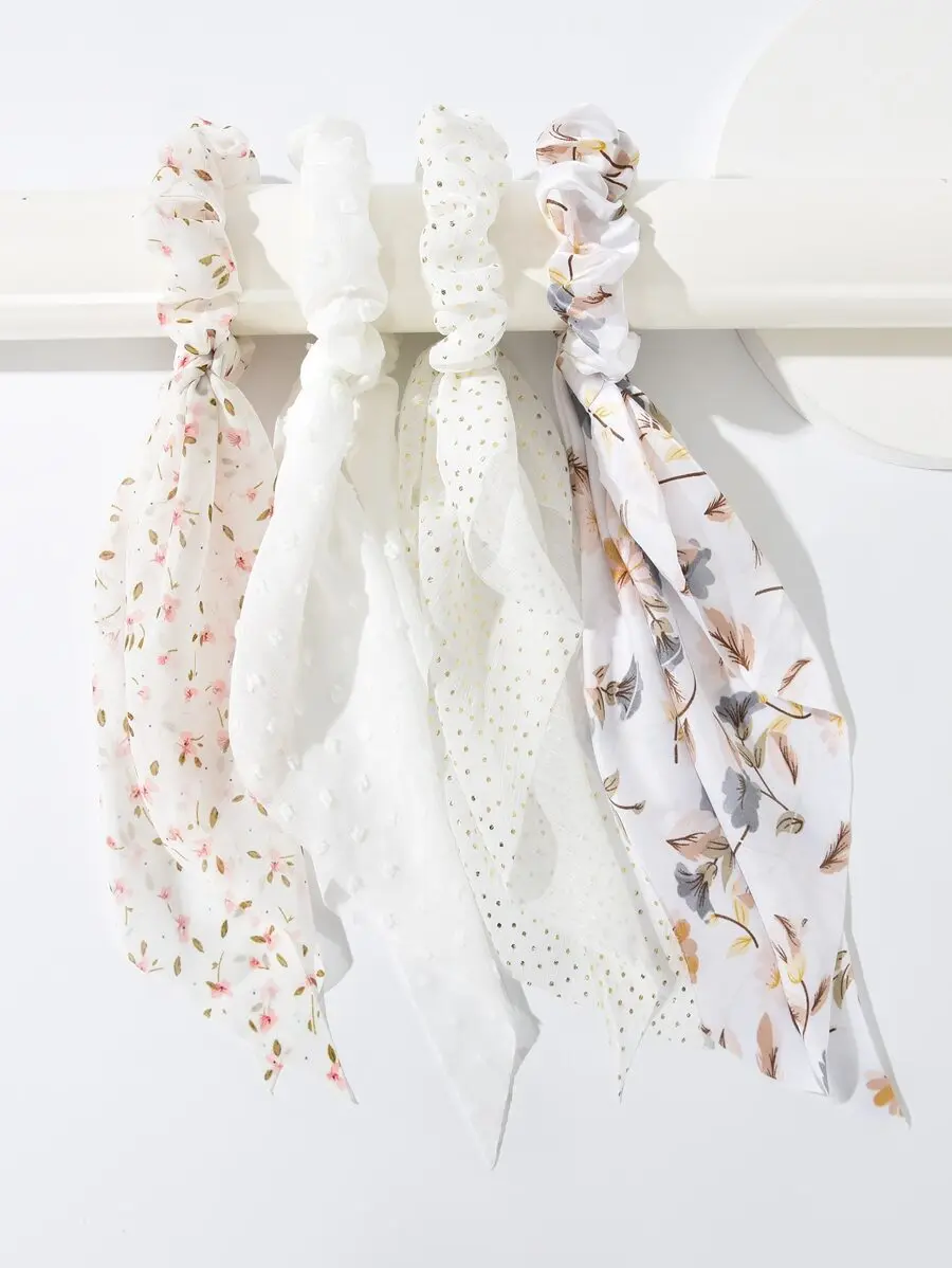 

4pcs Floral Print Scarf Hair Ties Boho Ponytail Holders Elastic Scrunchies
