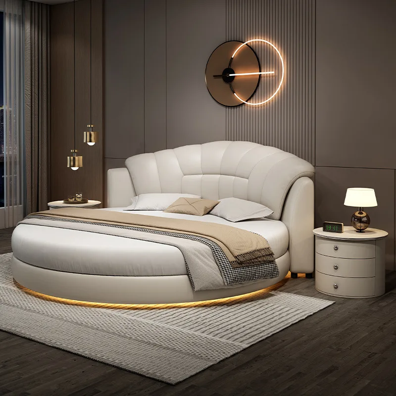 

Round bed leather master bedroom double bed round wedding bed modern simple theme hotel hotel homestay sensor light