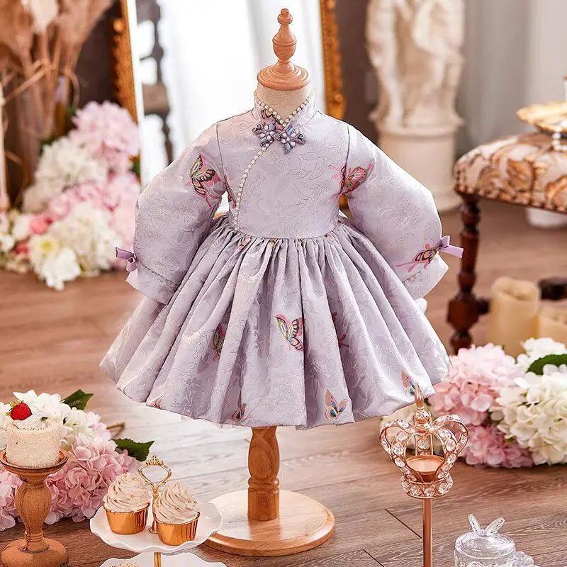 2026 Baby First Birthday Dress Chinese Style Princess Suit Baby Birthday Kids Crown Clothing Fall Winter