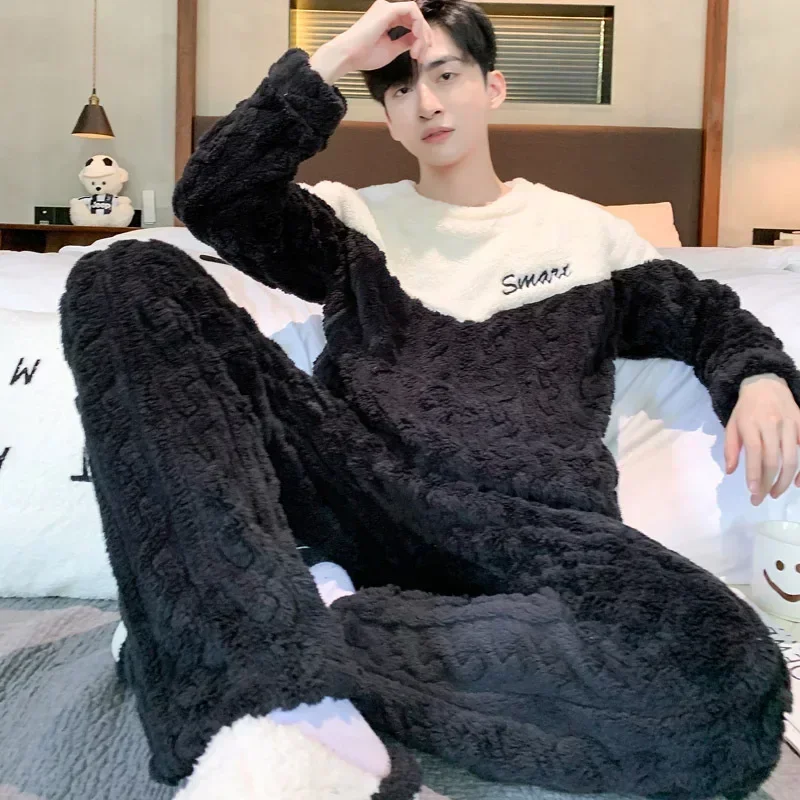 Men's Coral Fleece Pajamas 2025 Winter Warm Loungewear O-Neck Thickened Flannel Pajama Sets Sleepwear Youth Male Loose Homewear