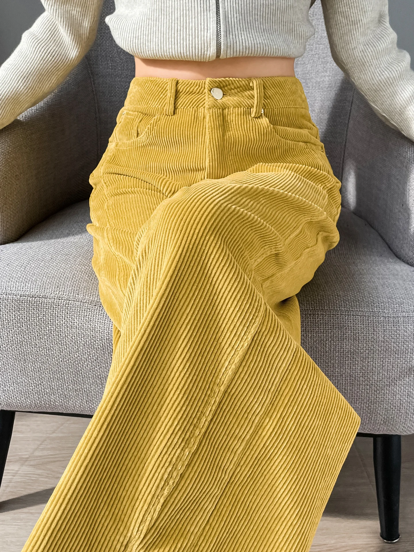 

Желтые вельветовые брюки-палаццо женские, осенне-зимние, теплые, с высокой талией, прямого кроя, в пол