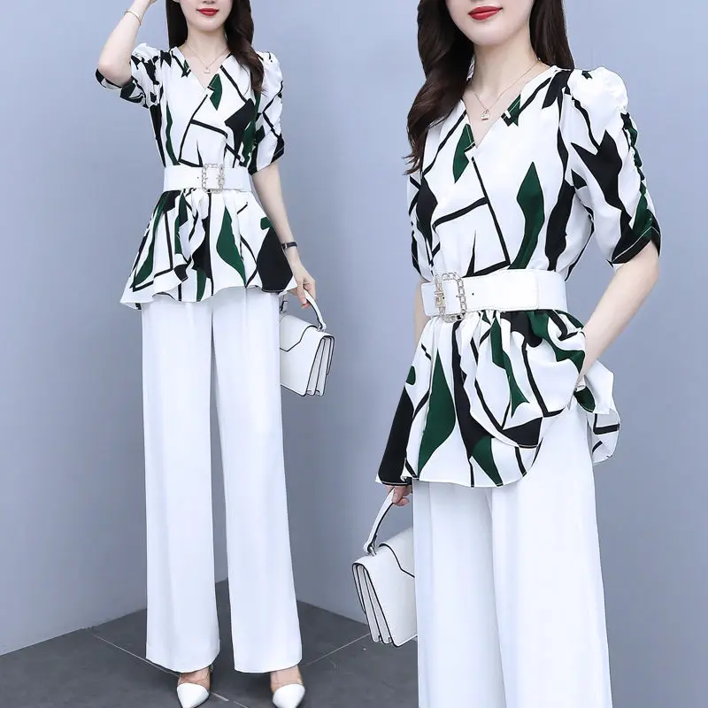 Women's Chiffon Wide Leg Pants Full Pants Set, V-Neck Short Sleeve, Slim Patchwork Print, Summer Suit, New Fashion, 2024, 2 Pcs