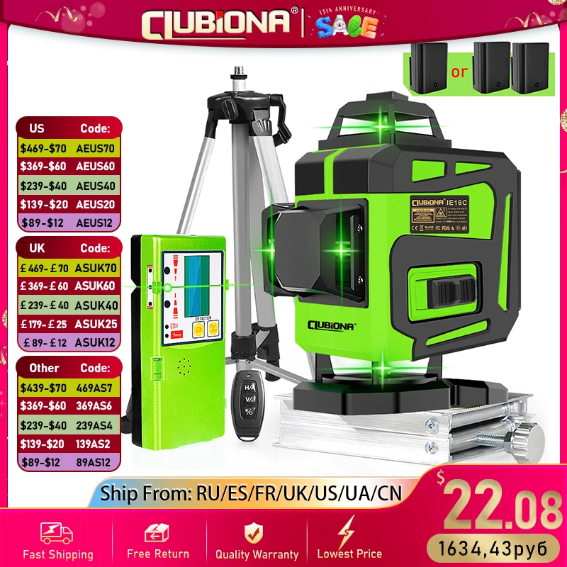 Clubiona 16/12 Lines Laser Level green line Self-leveling 360 Horizontal And Vertical Super Powerful green Beam Laser Level