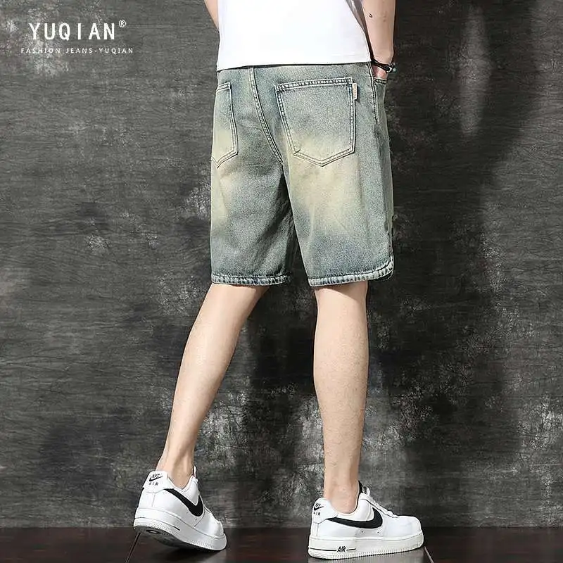 Light Denim Shorts 2025 Ripped Denim Men's Jeans Shorts Loose Design Casual Pants Summer Brand Ins High Street Medium Pants